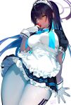 1girl ahoge apron aqua_hair aqua_ribbon bangs black_hair blue_archive breasts colored_inner_hair commentary_request covered_mouth dark_skin dark_skinned_female dated food frills from_below fruit gloves halo hand_up highres holding holding_food karin_(blue_archive) large_breasts looking_to_the_side maid maid_apron maid_headdress multicolored_hair puffy_short_sleeves puffy_sleeves ribbon shiromonefu short_sleeves sidelocks skirt solo standing strawberry thigh_gap two-tone_hair white_apron white_background white_gloves white_legwear yellow_eyes 