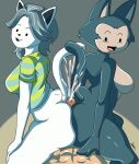  anthro breasts canid canine clothed clothing dragon_ball felid feline female genitals hair hi_res mammal puar simple_background tem temmie_(undertale) topwear undertale video_games white_body 