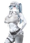  1girl bangs bare_shoulders baseball_cap belt blush breasts cleavage closed_mouth collarbone colored_skin covered_nipples grey_eyes grey_hair hair_over_one_eye hat hataraku_saibou hataraku_saibou_black large_breasts long_hair looking_at_viewer navel pants ponytail soba_(saz) sports_bra sweat thighs towel u-1196 white_blood_cell_(hataraku_saibou) white_pants white_skin white_sports_bra 