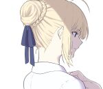  1girl absurdres ahoge artoria_pendragon_(all) bangs blonde_hair blue_ribbon braid closed_mouth collared_shirt commentary_request ears eyebrows_visible_through_hair fate/stay_night fate_(series) from_side green_eyes hair_between_eyes hair_bun hair_ornament hair_ribbon hand_on_own_chest highres lips looking_away lq_saku medium_hair ribbon saber shirt sidelocks simple_background solo upper_body white_background white_shirt 