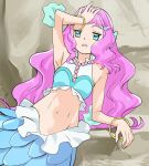  1girl arm_up armpits blue_eyes bracelet hand_on_own_forehead haruyama_kazunori jewelry laura_(precure) long_hair mermaid midriff monster_girl navel pink_hair precure solo stomach tropical-rouge!_precure 