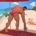  3boys abs absurdres ass ass_focus bara bare_back bare_pecs barefoot beach beard blonde_hair blue_male_swimwear bulge character_request dark_skin dark_skinned_male facial_hair full_body hanzo_(overwatch) highres implied_yaoi large_pectorals looking_at_another looking_at_viewer looking_back male_focus male_swimwear mature_male multiple_boys muscular muscular_male nipples outdoors overwatch pink_male_swimwear public reward_available sand short_hair sky stomach swim_briefs swim_trunks swimwear thick_thighs thighs umbrella whyhelbram 