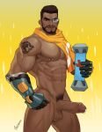 1boy abs absurdres baptiste_(overwatch) bara bare_pecs beard cowboy_shot dark_skin dark_skinned_male erection facial_hair highres large_pectorals looking_at_viewer male_focus male_pubic_hair mature_male muscular muscular_male mustache naked_scarf navel navel_hair nipple_piercing nipples nude overwatch penis piercing precum pubic_hair reward_available scarf short_hair shoulder_tattoo solo stomach tattoo thick_thighs thighs uncensored whyhelbram yellow_scarf 