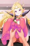  1girl absurdres bad_link black_gloves feet fire_emblem fire_emblem_awakening foot_focus foot_massage gloves happy highres holding_another&#039;s_foot igni_tion looking_at_viewer manakete massage nowi_(fire_emblem) pointy_ears pov purple_eyes smile solo_focus thighhighs 