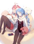  2girls :o ahoge bare_shoulders black_leotard blue_hair blush bow braid brown_legwear carrot_hair_ornament closed_eyes commentary_request don-chan_(usada_pekora) feet_out_of_frame food_themed_hair_ornament fur-trimmed_jacket fur_trim hair_bow hair_ornament head_tilt hololive jacket knees_up leotard long_hair multicolored_hair multiple_girls nintendo_switch no_shoes nousagi_(usada_pekora) open_clothes open_jacket pantyhose parted_lips pleated_skirt red_bow red_hair red_skirt ritsuki sakura_miko shirt skirt sleeping sleeping_on_person sleeveless sleeveless_shirt twin_braids twintails two-tone_hair usada_pekora very_long_hair virtual_youtuber white_background white_bow white_hair white_jacket white_shirt 