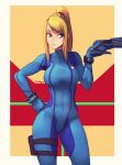  absurdres artist_name bangs blonde_hair blue_bodysuit blue_eyes bodysuit breasts carlos_eduardo commentary covered_collarbone covered_navel gloves gun hand_on_hip highres holding holding_gun holding_weapon holster light_smile lips long_hair long_sleeves looking_to_the_side medium_breasts metroid mole mole_under_mouth paralyzer ponytail samus_aran sidelocks signature simple_background skin_tight thigh_holster tied_hair turtleneck weapon zero_suit 