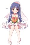  1girl bangs blue_hair blush bouquet bridal_veil brown_eyes brown_flower commentary_request crown dress eyebrows_visible_through_hair flower full_body hair_flower hair_ornament hairclip high_heels holding holding_bouquet kyouka_(princess_connect!) long_hair looking_at_viewer mauve mini_crown nose_blush open_mouth pink_flower pink_rose princess_connect! princess_connect!_re:dive puffy_short_sleeves puffy_sleeves red_flower red_rose rose see-through see-through_sleeves shadow shoes short_sleeves sitting solo twitter_username veil very_long_hair wavy_mouth wedding_dress white_background white_dress white_footwear 