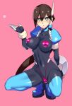  1girl aile_(rockman) blush bodystocking bracelet breasts brown_hair gloves green_eyes jewelry long_hair looking_at_viewer open_mouth ponytail robot_ears rockman rockman_zx simple_background skin_tight solo spandex ukimukai vent_(rockman) 