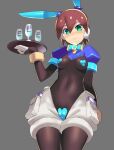  1girl aile_(rockman) blush bodysuit bracelet breasts brown_hair closed_mouth gloves green_eyes hair_between_eyes highres jewelry looking_at_viewer robot_ears rockman rockman_zx short_hair shorts simple_background skin_tight solo spandex ukimukai 