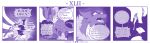  4koma ambiguous_gender anthro braver_(character) clothing comic dialogue disaster_dragon dragon duo english_text feral hi_res kobold mask melee_weapon monochrome profanity purple_theme scalie speech_bubble text vavacung weapon wings 