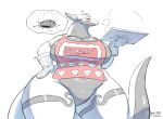  big_breasts blush breasts clothing digital_drawing_(artwork) digital_media_(artwork) dragon ears_back english_text female feral gillpanda grey_body hi_res horn invalid_tag pivoted_ears scalie simple_background solo text text_on_clothing white_background white_body 