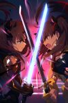  2girls bangs bare_shoulders black_bodysuit black_hair blue_bandeau bodysuit breasts cis05 clenched_teeth cropped_vest crossed_swords dual_persona earrings energy_sword fate/grand_order fate_(series) fingerless_gloves gloves gold_trim grey_eyes hair_ribbon hoop_earrings horns ishtar_(fate)_(all) jewelry katana long_hair medium_breasts multicolored_hair multiple_girls parted_bangs red_eyes red_hair ribbon space_ishtar_(fate) sword teeth two-tone_hair two_side_up vest weapon yellow_gloves yellow_vest 