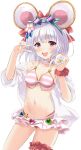  1girl :d animal_ears bangs bikini blush breasts cheese contrapposto cowboy_shot eyebrows_visible_through_hair flower food garters granblue_fantasy grey_hair groin hair_flower hair_ornament hair_ribbon highres holding looking_at_viewer miniskirt mouse mouse_ears navel off_shoulder official_alternate_costume open_clothes open_mouth open_shirt pink_flower red_eyes red_garter red_ribbon red_scrunchie ribbon scrunchie see-through shirt short_hair short_sleeves simple_background skirt small_breasts smile solo souryuu standing star-shaped_eyewear striped striped_bikini sunglasses swimsuit v vikala_(granblue_fantasy) white_background white_shirt white_skirt 