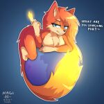 1:1 absurd_res animal_humanoid anthro breasts canid canine digital_drawing_(artwork) digital_media_(artwork) english_text female fire firefox fox fur hair hi_res humanoid looking_at_viewer mammal nagifur nude pinup pose seductive simple_background smile smug solo text 