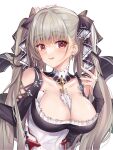  1girl 2021 azur_lane between_breasts black_dress breasts cleavage dress earrings eyebrows_visible_through_hair flight_deck formidable_(azur_lane) frilled_dress frills gothic_lolita hair_ribbon highres jewelry kevn large_breasts lolita_fashion long_hair platinum_blonde_hair red_eyes ribbon signature simple_background solo twintails two-tone_dress two-tone_ribbon very_long_hair white_background 