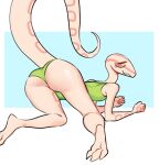  2021 3_toes all_fours anthro butt clothing colubrid corn_snake cornelia_(glacierclear) feet female glacierclear green_clothing green_swimwear lampropeltini looking_back one-piece_swimsuit rat_snake rear_view reptile scalie simple_background snake solo swimwear toes 