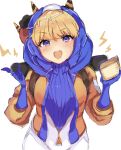  ._(raven_1) 1girl apex_legends bangs blonde_hair blue_eyes blue_sweater bodysuit breasts eyebrows_visible_through_hair head_tilt highres hood hood_up lightning_bolt medium_breasts ribbed_sweater solo sweater wattson_(apex_legends) white_background white_bodysuit 