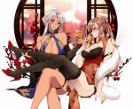  2girls amazuki_jou azur_lane bangs black_legwear blue_dress braid breasts china_dress chinese_clothes cleavage crossed_legs cup dark_skin dark_skinned_female dress drink feather_boa flower french_braid hair_bun high_heels highres holding holding_another&#039;s_foot holding_cup jean_bart_(azur_lane) light_brown_hair looking_at_another massachusetts_(azur_lane) multiple_girls parted_bangs red_dress red_flower red_footwear shoe_dangle silver_hair thigh_strap thighhighs yuri 