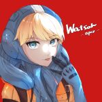  1girl apex_legends bangs blonde_hair blue_bodysuit blue_eyes blue_gloves bodysuit character_name copyright_name eyebrows_visible_through_hair gloves highres hood hood_up jacket looking_at_viewer open_hand orange_jacket red_background ribbed_bodysuit solo tem_(tem811154) tongue tongue_out upper_body wattson_(apex_legends) 
