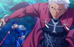  2boys akujiki59 archer bangs blue_bodysuit blue_hair bodysuit covered_abs cu_chulainn_(fate)_(all) dark_skin dark_skinned_male earrings fate/stay_night fate_(series) forest gae_bolg_(fate) grey_eyes grey_hair holding holding_weapon jewelry lancer long_hair long_sleeves looking_at_another male_focus multiple_boys nature open_mouth outdoors ponytail shoulder_plates standing tree weapon white_hair 