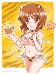  1girl beans bikini blush breasts brown_eyes brown_hair collarbone dated embarrassed eyebrows_visible_through_hair flying_sweatdrops girls_und_panzer groin horns kuromori_yako masu micro_bikini navel nishizumi_miho nose_blush oni_costume oni_horns setsubun short_hair side-tie_bikini soybean spoken_blush swimsuit thighs untied untied_bikini wardrobe_malfunction yellow_background 