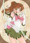  1girl back_bow bishoujo_senshi_sailor_moon bow brooch brown_background brown_hair choker circlet cowboy_shot earrings elbow_gloves electricity gloves green_eyes green_neckwear green_sailor_collar green_skirt hair_bobbles hair_ornament jewelry kino_makoto legs_apart long_hair looking_at_viewer magical_girl open_mouth pink_bow pleated_skirt ponytail sailor_collar sailor_jupiter sailor_senshi_uniform skirt solo standing stud_earrings white_gloves xiuren 