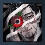  1boy bandages black_background black_eyes black_hair blood blood_on_face bloody_bandages dated facial_hair flower goatee golden_kamuy highres jyuuuuuuu_(pizza) looking_at_viewer male_focus ogata_hyakunosuke poppy_(flower) scar scar_on_cheek scar_on_face solo twitter_username 