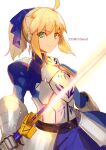  1girl ahoge armor armored_dress artoria_pendragon_(all) bangs blonde_hair blue_dress blue_ribbon breastplate closed_mouth collared_dress commentary dress english_commentary excalibur_(fate/stay_night) eyebrows_visible_through_hair fate/stay_night fate_(series) gauntlets green_eyes hair_between_eyes hair_ribbon holding holding_sword holding_weapon long_hair long_sleeves looking_at_viewer ponytail puffy_long_sleeves puffy_sleeves ribbon saber sidelocks simple_background smile solo sword twitter_username upper_body weapon weed_(astarone) white_background 
