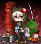  1girl 1other arai-san_mansion backpack bag bird black_hands boots chibi commentary daruma_doll eyebrows_visible_through_hair frog glowing grey_hair hair_between_eyes highres holding hood hooded_jacket hoodie jacket kemono_friends looking_at_viewer lucky_beast_(kemono_friends) microwave plant postbox_(outgoing_mail) potted_plant red_eyes scavenger-chan_(abubu) statue striped striped_hoodie stuffed_animal stuffed_toy teddy_bear touyakakasi toy translated 