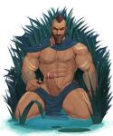  1boy abs absurdres arm_tattoo bara bare_pecs beard blue_cape brown_hair cape dark_skin dark_skinned_male erection facial_hair highres large_pectorals league_of_legends leg_tattoo looking_at_viewer male_focus male_pubic_hair mature_male mohawk muscular muscular_male navel navel_hair nipples nude pantheon_(league_of_legends) partially_submerged pelvic_curtain penis plant precum pubic_hair reward_available scar scar_on_chest short_hair solo spread_legs stomach tattoo thick_thighs thighs uncensored whyhelbram 