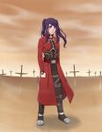  1girl archer fate/grand_order fate_(series) highres jill_stingray long_hair long_sleeves looking_at_viewer metal_boots ookaerin ponytail purple_hair red_eyes serious solo sword tagme unlimited_blade_works_(fate) va-11_hall-a weapon 