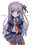  1girl bangs black_ribbon blunt_bangs blush braid closed_mouth collared_shirt commentary_request cowboy_shot danganronpa:_trigger_happy_havoc danganronpa_(series) eyebrows_visible_through_hair gloves grey_shirt hair_ribbon jacket kirigiri_kyouko long_hair long_sleeves looking_at_viewer looking_to_the_side manaita_no_sake necktie open_clothes open_jacket orange_neckwear pleated_skirt purple_eyes purple_hair ribbon shirt side_braid single_braid skirt solo 