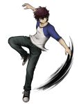  1boy arm_up bangs black_footwear black_pants blue_shirt brown_hair collarbone danganronpa_(series) english_commentary full_body green_eyes grin highres male_focus nairdags original pants parody raglan_sleeves shirt shoes short_hair simple_background sleeves_past_elbows smile sneakers solo standing standing_on_one_leg style_parody teeth white_background white_footwear white_shirt 