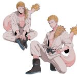  1boy abs blonde_hair boku_no_hero_academia bruise closed_mouth dougi fur_trim injury karate_gi koshi_(1611768) loose_clothes ojiro_mashirao pectorals short_hair simple_background solo squatting tail toned toned_male white_background 