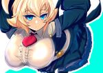  1girl ahoge ascot blazblue blonde_hair blue_eyes breasts center_frills es_(xblaze) frills ha88hama highres huge_ahoge huge_breasts impossible_clothes impossible_shirt looking_at_viewer oppai_loli red_neckwear shirt solo underbust wide_sleeves xblaze xblaze_code:_embryo 