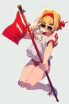  1girl ahoge aviator_sunglasses bangs blonde_hair blush braid breasts buruma cis05 fate/extra fate/grand_order fate_(series) flag french_braid green_eyes gym_shirt hair_between_eyes hair_bun hair_intakes headband large_breasts long_hair looking_at_viewer name_tag nero_claudius_(fate) nero_claudius_(fate)_(all) olympian_bloomers open_mouth red_buruma red_headband shirt shoes short_sleeves smile sneakers sunglasses white_shirt 