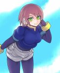  1girl aile_(rockman) bodystocking bracelet breasts brown_hair closed_mouth cloud gloves green_eyes jewelry looking_at_viewer robot_ears rockman rockman_zx short_hair shorts smile solo spandex 