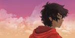  1boy bangs brown_hair closed_mouth cloud cloudy_sky expressionless from_behind from_side green_eyes highres hood hood_down hoodie male_focus messy_hair nairdags new_year original outdoors pink_sky profile red_hoodie short_hair sky solo upper_body 