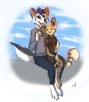  2021 4_toes 5_fingers anthro canid canine canis clothed clothing digital_media_(artwork) domestic_dog duo feet felid feline fingers flashw husky male mammal nordic_sled_dog serval smile spitz toes 