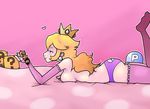  1girl artist_request blonde_hair blue_eyes breasts crown doll elbow_gloves fingerless_gloves gloves heart long_hair lying mario mario_(series) mopinks naughty_face nintendo on_stomach panties princess_peach sideboob smile solo super_mario super_mario_bros. tanuki thighhighs topless underwear 