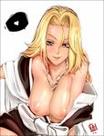  ahoge between_breasts bleach blonde_hair blue_eyes breasts heart japanese_clothes jewelry large_breasts lips long_hair matsumoto_rangiku mole mole_under_mouth naughty_face necklace nipples no_bra off_shoulder open_clothes open_shirt qiqo shiny shirt smile solo spoken_heart 