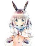  1girl animal_ears black_mittens blue_eyes blue_scarf blush braid brown_capelet brown_coat bunny_ears capelet closed_mouth coat fur-trimmed_capelet fur-trimmed_sleeves fur_trim grey_hair highres kikka_(kicca_choco) long_hair long_sleeves looking_at_viewer mittens original scarf simple_background solo twin_braids upper_body white_background 