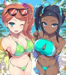  2girls ;d beach belly_chain bikini black_hair blue_eyes blue_eyeshadow blue_hair blue_sky blush breasts cleavage cleavage_cutout clothing_cutout cloud commentary_request cowboy_shot dark_skin dark_skinned_female day earrings eyeshadow eyewear_on_head floral_print flower from_above green_bikini green_eyes gym_leader hair_bun hair_flower hair_ornament halterneck heart heart_hair_ornament hoop_earrings jacket jewelry kasai_shin large_breasts long_hair looking_at_viewer makeup multicolored_hair multiple_girls navel nessa_(pokemon) o-ring o-ring_bikini o-ring_bottom o-ring_top ocean one_eye_closed open_mouth orange_hair outdoors palms pokemon pokemon_(creature) pokemon_(game) pokemon_swsh side_ponytail sky smile sonia_(pokemon) sunglasses swimsuit two-tone_bikini two-tone_hair yellow_jacket 