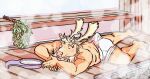  anthro antlers bodily_fluids capreoline cervid cervine digital_media_(artwork) hi_res horn housamo lavilovi male mammal reindeer sauna smile solo steam sweat tokyo_afterschool_summoners video_games youl yule_(tas) 