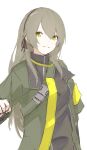  1girl absurdres black_ribbon bodysuit breasts eyebrows_visible_through_hair ff_frbb122 girls_frontline green_eyes green_jacket grey_hair hair_ribbon hairband hand_on_back highres jacket long_hair looking_at_viewer open_clothes open_jacket ribbon smile solo standing ump40_(girls_frontline) white_background 