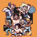  3girls 4boys armpits bea_(pokemon) blonde_hair blue_eyes blue_hair brawly_(pokemon) brown_hair bruno_(pokemon) chuck_(pokemon) covered_navel dark_skin dark_skinned_female dark_skinned_male donguri_big elite_four facial_hair full_body green_eyes gym_leader highres inline_skates korrina_(pokemon) marshal_(pokemon) maylene_(pokemon) multiple_boys multiple_girls mustache open_mouth orange_background pink_eyes pink_hair pokemon pokemon_(game) pokemon_bw pokemon_dppt pokemon_hgss pokemon_lgpe pokemon_oras pokemon_swsh pokemon_xy roller_skates shirtless skates sleeveless 