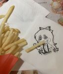  1girl bow collared_shirt cropped_torso eating eyebrows_visible_through_hair food french_fries fujiwara_no_mokou hair_bow highres holding holding_food jokanhiyou long_hair mcdonald&#039;s napkin no_nose open_mouth photo_(medium) puffy_short_sleeves puffy_sleeves shirt short_sleeves sketch solo suspenders symbol_commentary tagme touhou traditional_media unconventional_media upper_body 