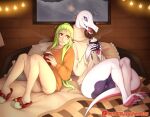  anthro bed bedding blanket blush bottomless clothed clothing cocoa_(drink) dalipuff digital_media_(artwork) duo english_text fan_character female furniture genitals hair human humanoid_genitalia inside mammal nintendo nonbinary_(lore) partially_clothed pok&eacute;mon pok&eacute;mon_(species) presenting pussy romantic_couple salazzle scalie shiny_pok&eacute;mon smile sweater text topwear video_games white_body 