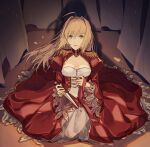  1girl alternate_hair_length alternate_hairstyle bangs blonde_hair breasts cleavage crying crying_with_eyes_open dagger dot818 dress fate/extra fate_(series) floating_hair green_eyes hair_between_eyes hair_intakes highres holding holding_dagger holding_weapon kneeling layered_dress long_dress long_hair long_sleeves medium_breasts nero_claudius_(fate) nero_claudius_(fate)_(all) open_mouth red_dress solo tears very_long_hair weapon 