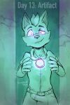  2020 amulet anthro artifact baroshi belt bulge canid canine canis clothed clothing digital_drawing_(artwork) digital_media_(artwork) english_text erection erection_under_clothing fauxpawe hi_res hypnosis hypnovember jewelry magic male mammal mind_control pendant smile solo text wolf 